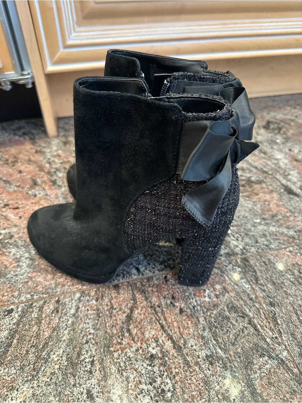 Women's Black Suede Ankle Boots with Bow Detail